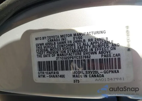 2000 Toyota Camry Solara Se из США, поврежденный, VIN 2T1CG22P8YC337662